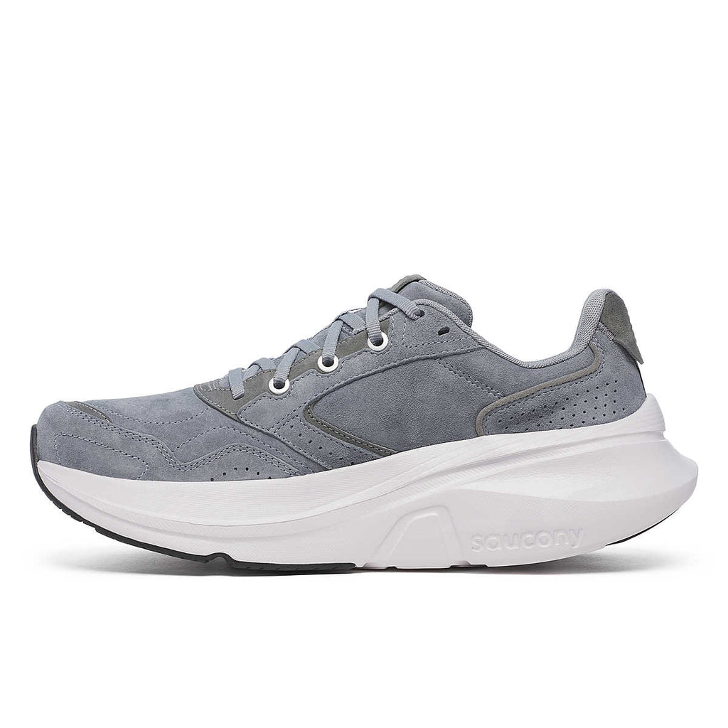 Men's Saucony Guide Metro LE. Grey upper. White midsole. Medial view.