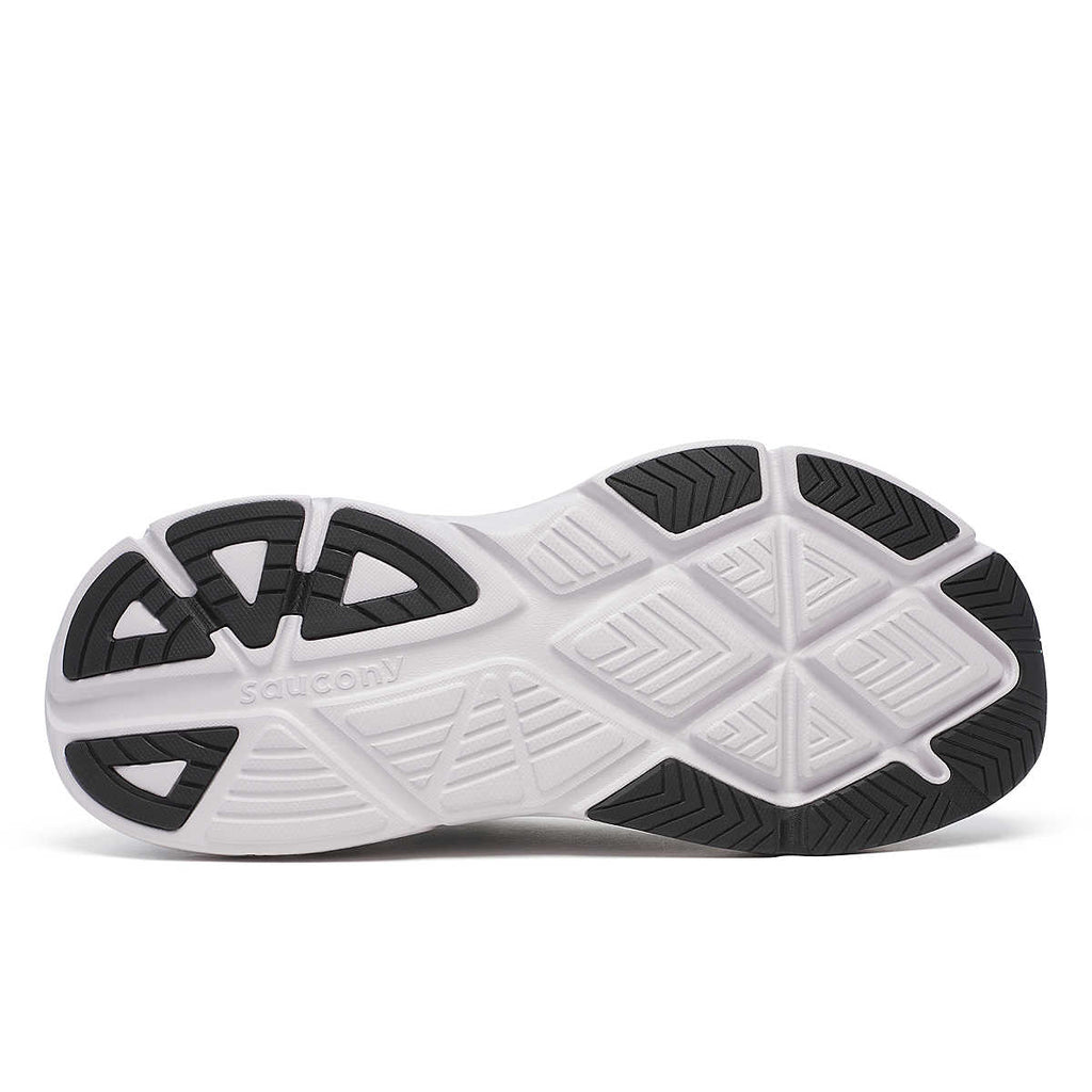 Men's Saucony Guide Metro LE. Grey upper. White midsole. Bottom view.
