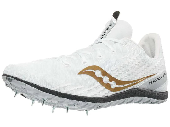 Men's Saucony Havok XC3. White upper. Lateral view.