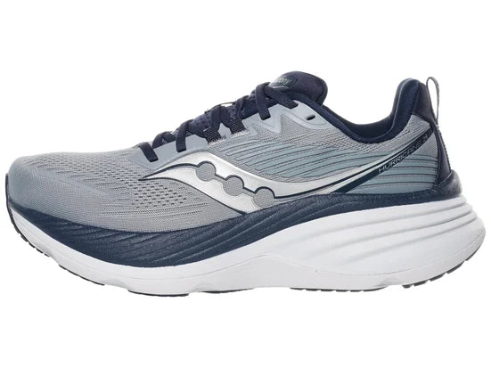 Men's Saucony Hurricane 25. Grey upper. White midsole. Lateral view.