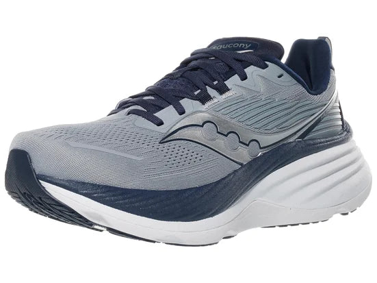 Men's Saucony Hurricane 25. Grey upper. White midsole. Lateral view.