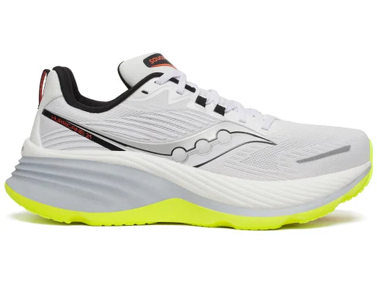 Men's Saucony Hurricane 24. White upper. White/Grey midsole. Lateral view.