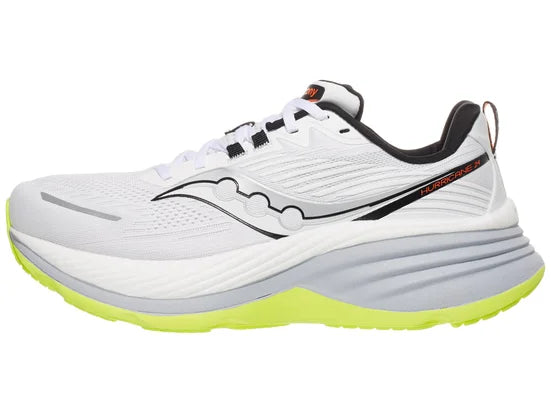 Men's Saucony Hurricane 24. White upper. White/Grey midsole. Lateral view.