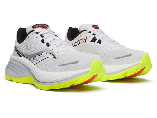 Men's Saucony Hurricane 24. White upper. White/Grey midsole. Lateral view.