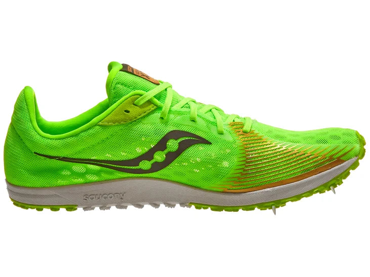 Men's Saucony Kilkenny XC 9. Neon Green upper. White midsole. Medial view.