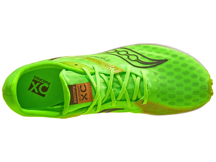 Men's Saucony Kilkenny XC 9. Neon Green upper. White midsole. Top view.