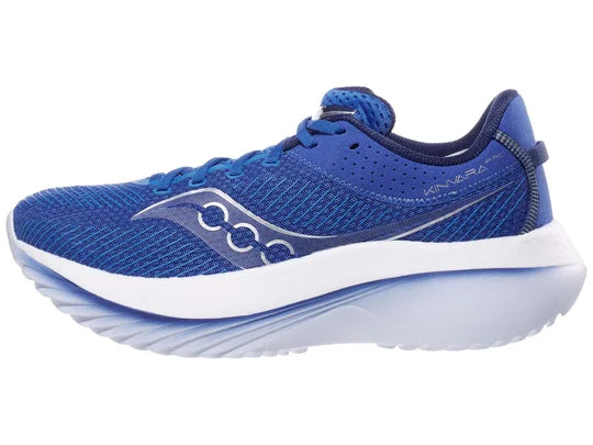 Men's Saucony Kinvara Pro. Blue upper. White midsole. Lateral view.