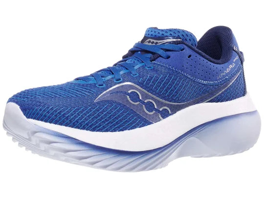 Men's Saucony Kinvara Pro. Blue upper. White midsole. Lateral view.