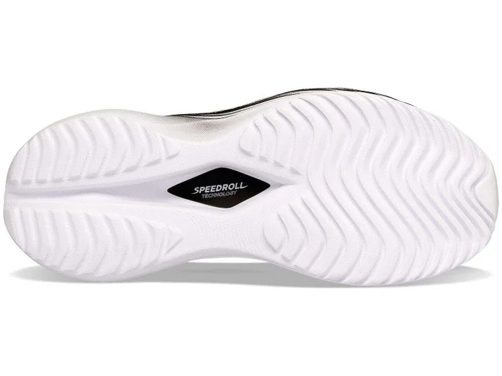 Men's Saucony Kinvara Pro. White upper. White midsole. Bottom view.