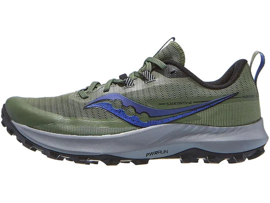 Men's Saucony Peregrine 13. Green upper. Grey midsole. Lateral view.