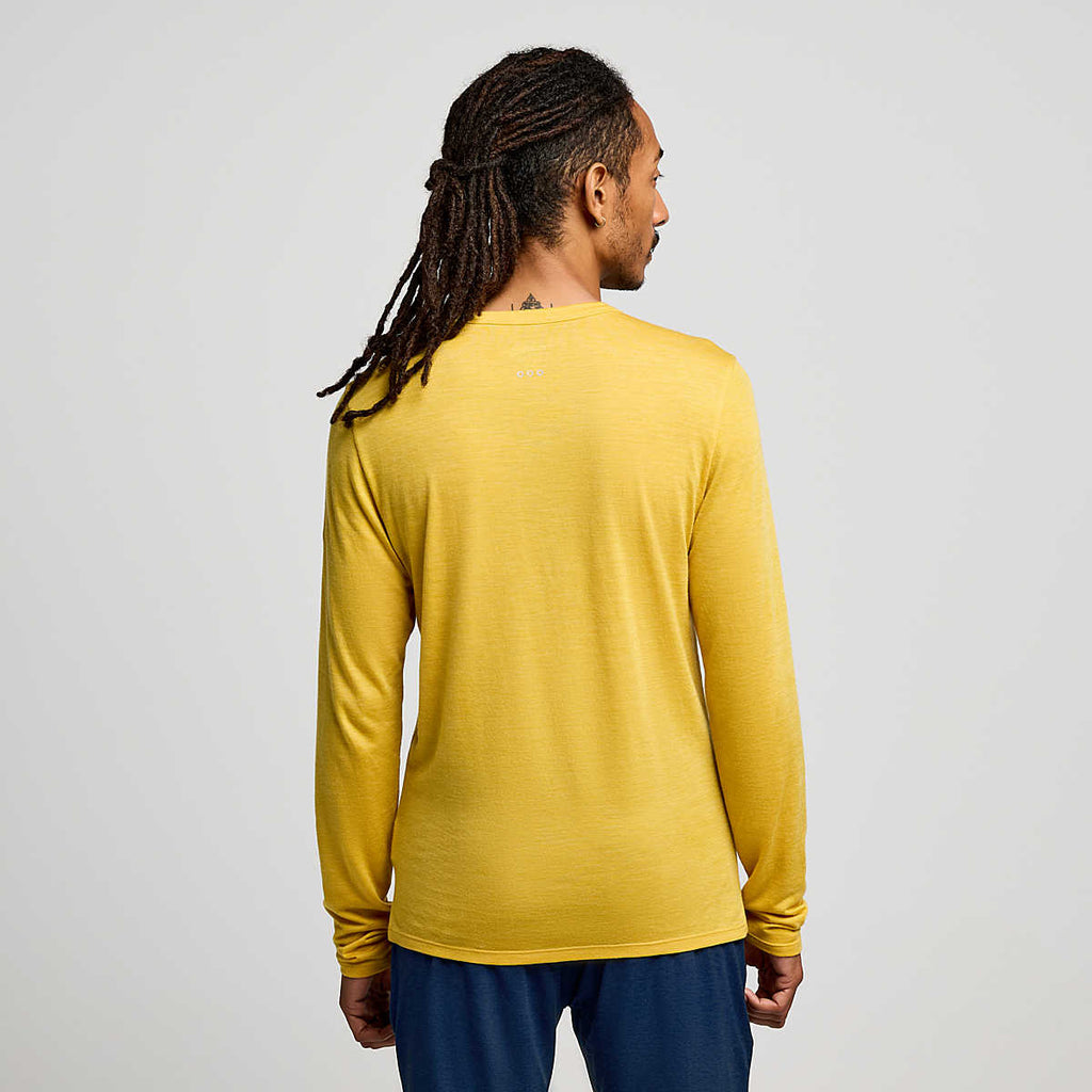 Men's Saucony Peregrine Merino Long Sleeve. Yellow. Rear view.