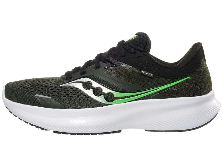 Men's Saucony Ride 16. Green upper. White midsole. Lateral view.