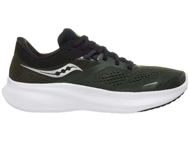 Men's Saucony Ride 16. Green upper. White midsole. Medial view.