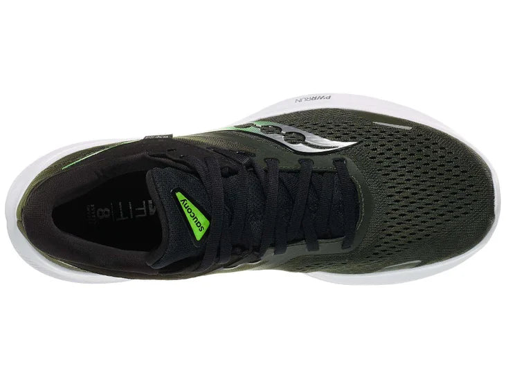 Men's Saucony Ride 16. Green upper. White midsole. Top view.