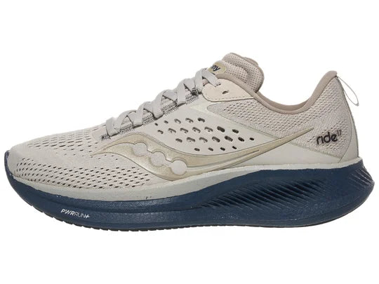 Men's Saucony Ride 17. Grey upper. Blue midsole. Lateral view.