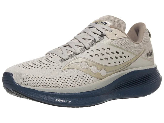 Men's Saucony Ride 17. Grey upper. Blue midsole. Lateral view.