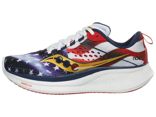 Men's Saucony Ride 17. USA Flag upper. White midsole. Lateral view.