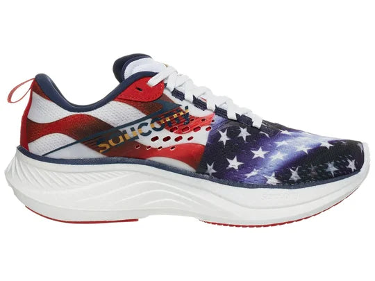 Men's Saucony Ride 17. USA Flag upper. White midsole. Medial view.