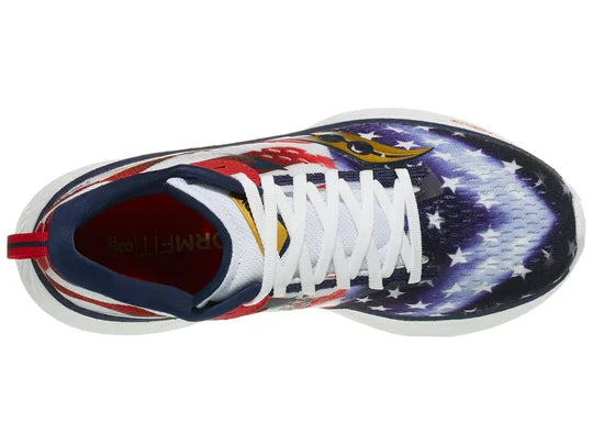 Men's Saucony Ride 17. USA Flag upper. White midsole. Top view.