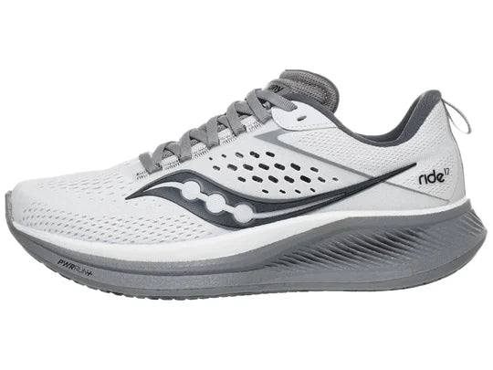 Men's Saucony Ride 17. White upper. Grey midsole. Lateral view.