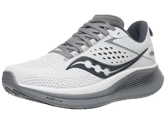 Men's Saucony Ride 17. White upper. Grey midsole. Lateral view.