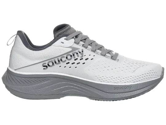 Men's Saucony Ride 17. White upper. Grey midsole. Medial view.