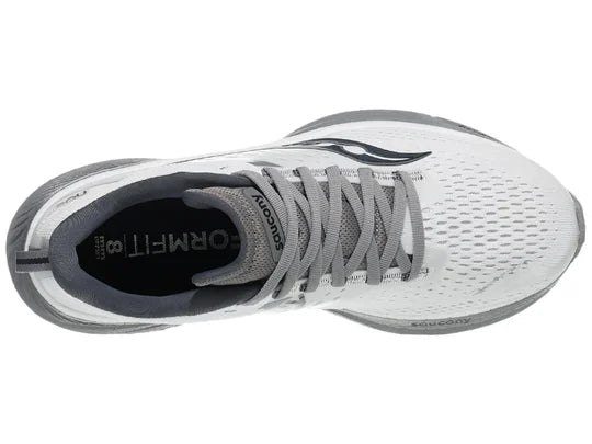 Men's Saucony Ride 17. White upper. Grey midsole. Top view.