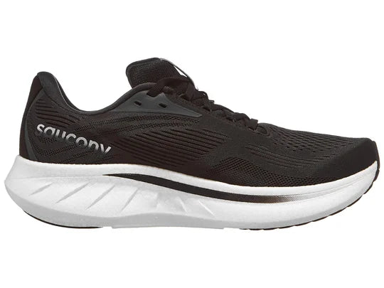 Men's Saucony Ride 18. Black upper. White midsole. Medial view.