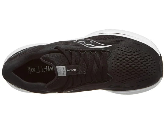 Men's Saucony Ride 18. Black upper. White midsole. Top view.