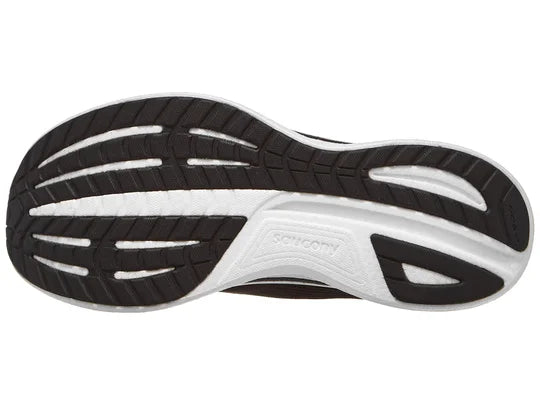 Men's Saucony Ride 18. Black upper. White midsole. Bottom view.