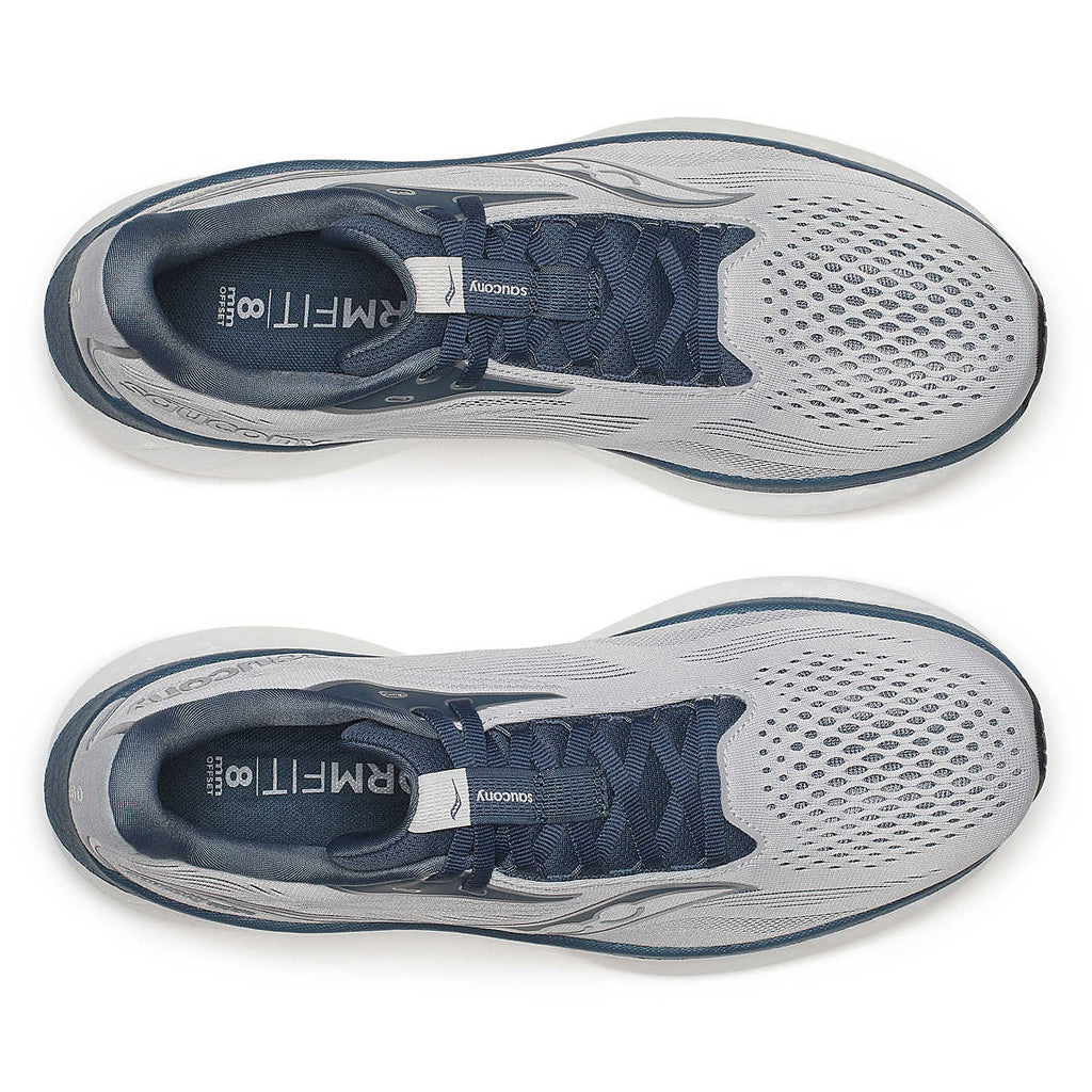 Men's Saucony Ride 18. Grey and blue upper. Blue and white midsole. Top view.