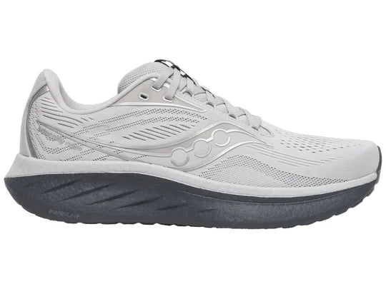 Men's Saucony Ride 18. White upper. Grey midsole. Lateral view.