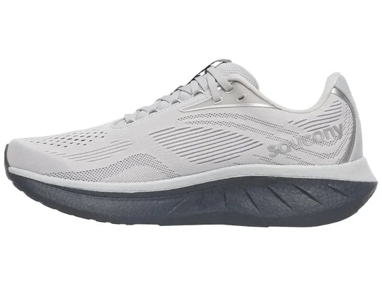 Men's Saucony Ride 18. White upper. Grey midsole. Medial view.