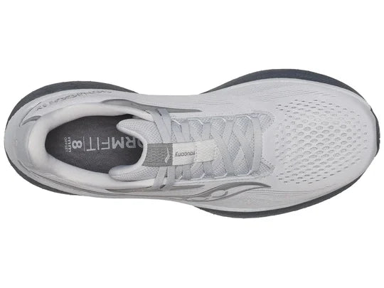 Men's Saucony Ride 18. White upper. Grey midsole. Top view.