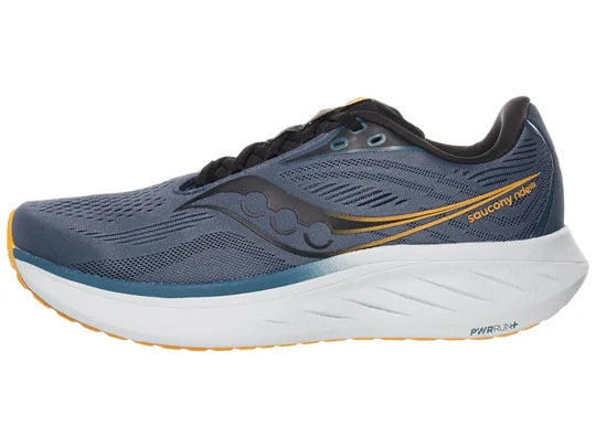 Men's Saucony Ride 18. Dark Grey/Blue upper. White midsole. Lateral view.