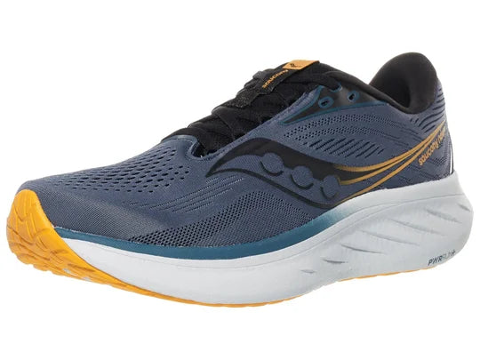 Men's Saucony Ride 18. Dark Grey/Blue upper. White midsole. Lateral view.