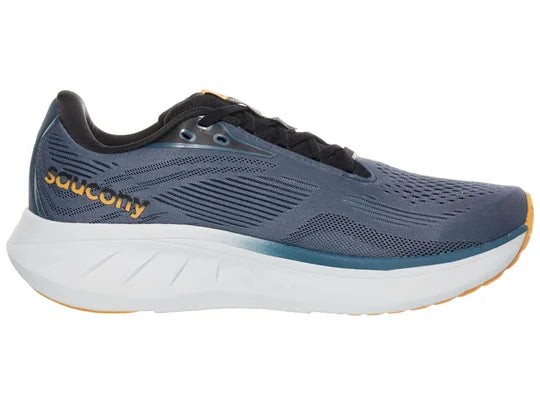 Men's Saucony Ride 18. Dark Grey/Blue upper. White midsole. Medial view.