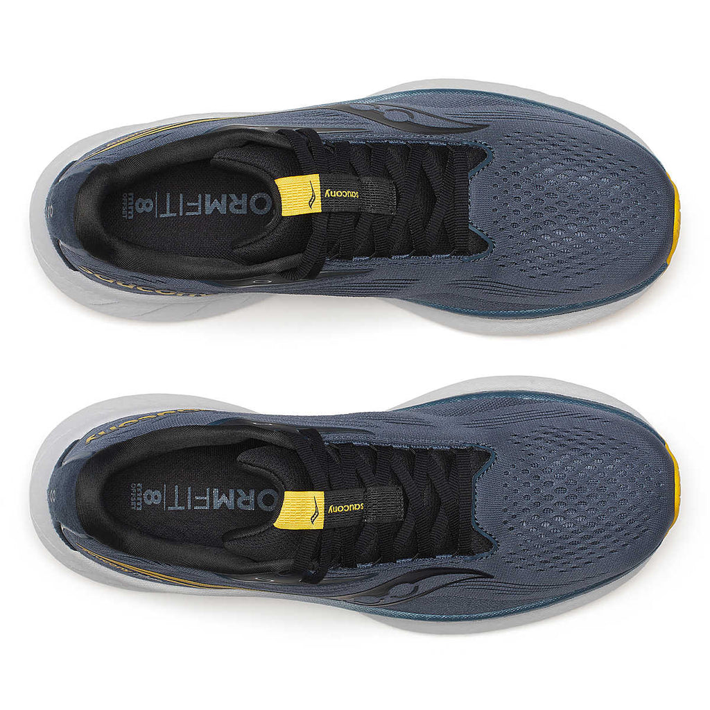 Men's Saucony Ride 18. Dark Grey/Blue upper. White midsole. Top view.