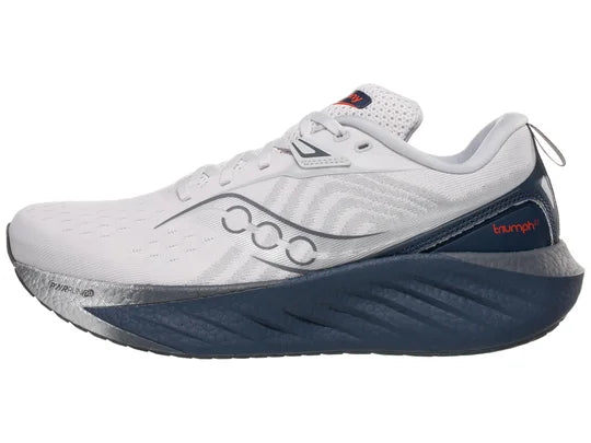 Men's Saucony Triumph 22. White upper. Dark Blue midsole. Lateral view.