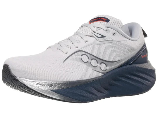 Men's Saucony Triumph 22. White upper. Dark Blue midsole. Lateral view.