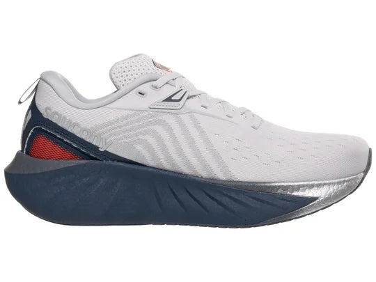 Men's Saucony Triumph 22. White upper. Dark Blue midsole. Medial view.