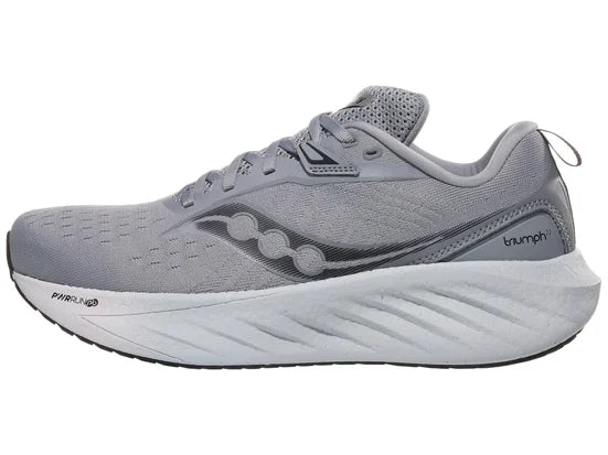 Men's Saucony Triumph 22. Grey upper. Light Grey midsole. Lateral view.