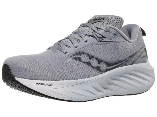 Men's Saucony Triumph 22. Grey upper. Light Grey midsole. Lateral view.