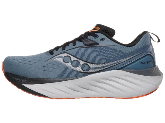 Men's Saucony Triumph 22. Blue/Grey upper. White midsole. Lateral view.