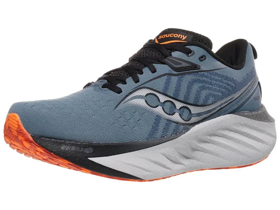 Men's Saucony Triumph 22. Blue/Grey upper. White midsole. Lateral view.