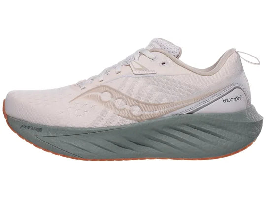 Men's Saucony Triumph 22. White upper. Grey midsole. Lateral view.