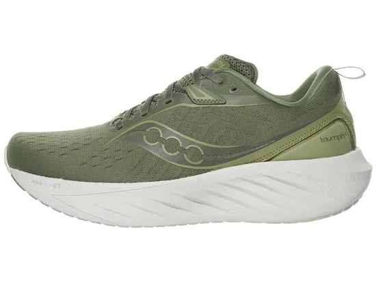 Men's Saucony Triumph 22. Green/Tan upper. White midsole. Lateral view.