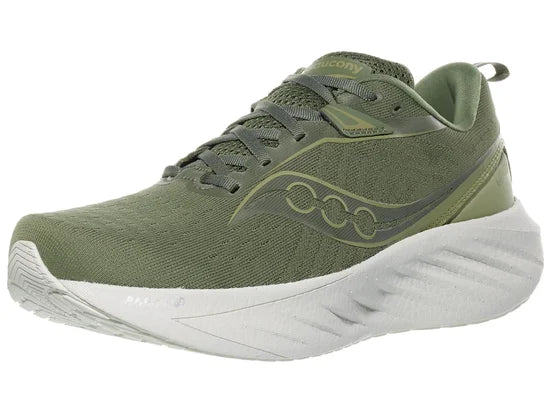 Men's Saucony Triumph 22. Green/Tan upper. White midsole. Lateral view.