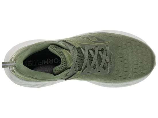 Men's Saucony Triumph 22. Green/Tan upper. White midsole. Top view.