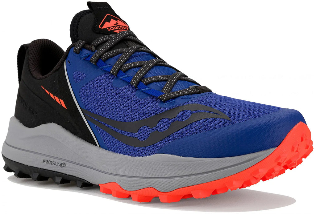 Men's Saucony Xodus Ultra. Blue upper. Grey midsole. Lateral view.